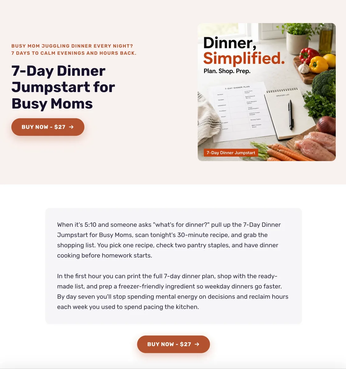 A MiloTree sales page for the 7-Day Dinner Jumpstart for Busy Moms