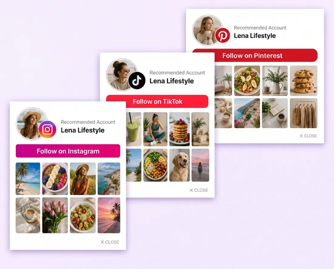 MiloTree social media pop-ups for Instagram, TikTok, and YouTube that can be installed on a website