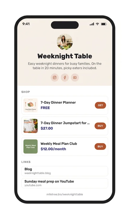 A MiloTree link in bio page on a phone, with links, socials, and products