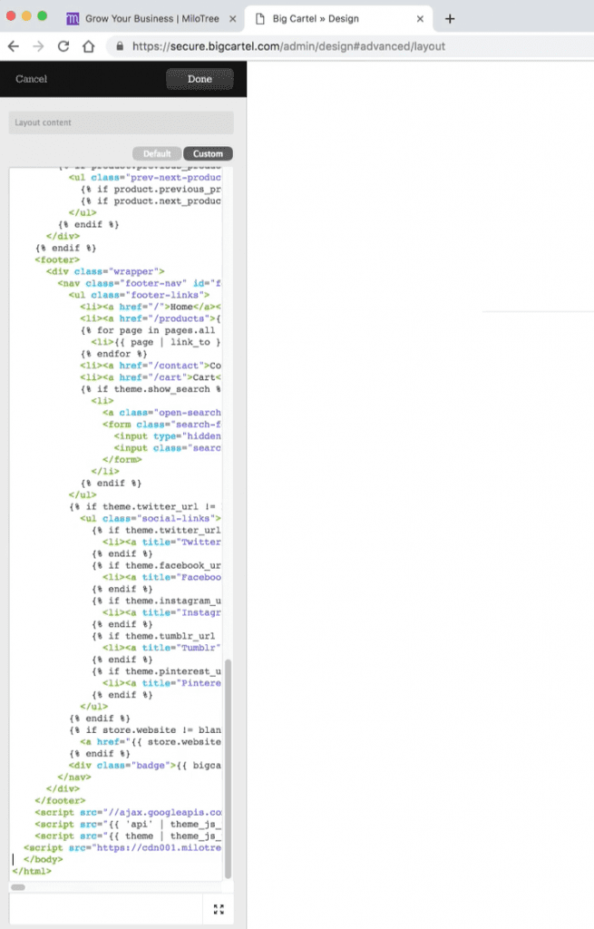 Screenshot of the Big Cartel layout editor