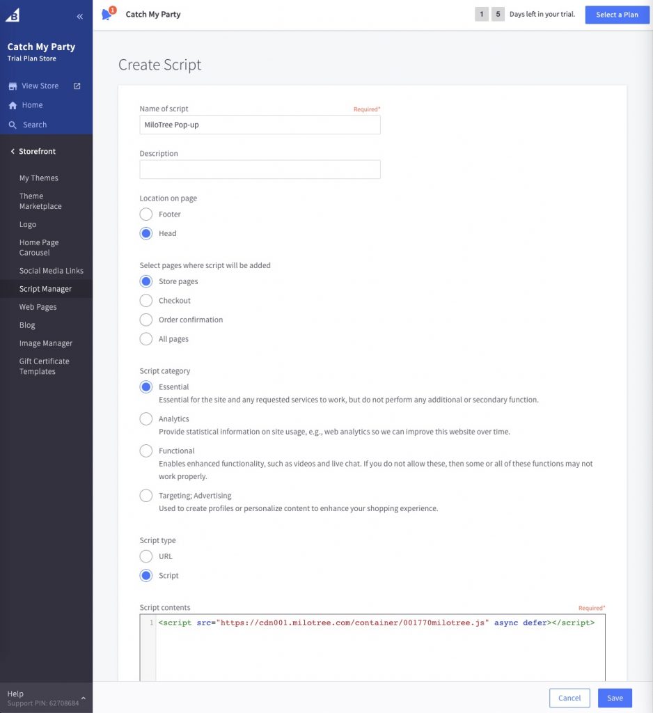 MiloTree BigCommerce add JavaScript code to store