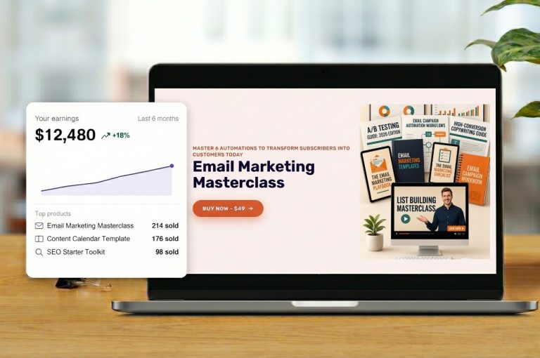 Laptop showing an email marketing masterclass product sales page and earnings dashboard