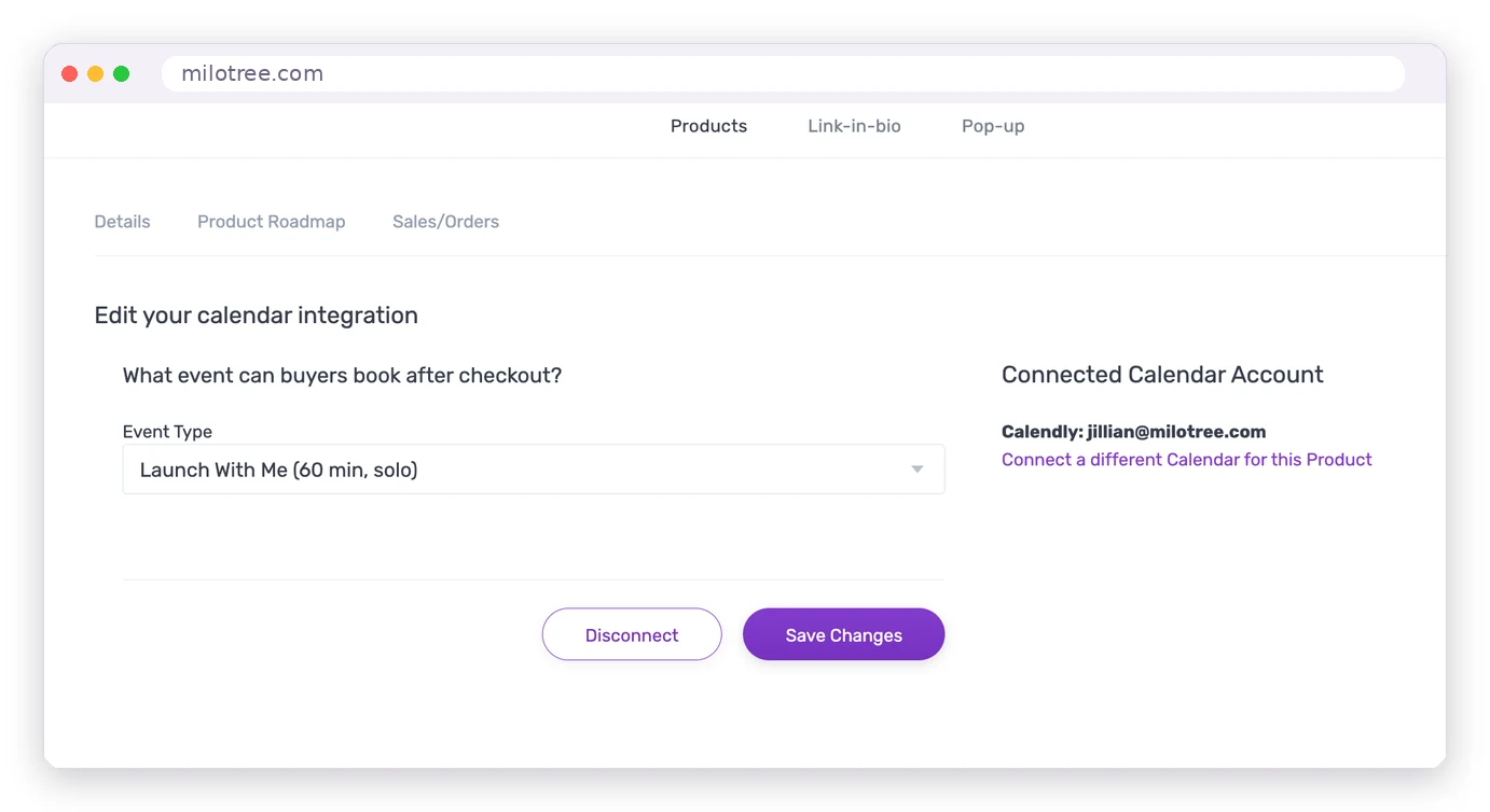 MiloTree, shown in a browser window: coaching product calendar settings with a connected Calendly account and the "Launch With Me (60 min)" event selected for buyers to book after checkout