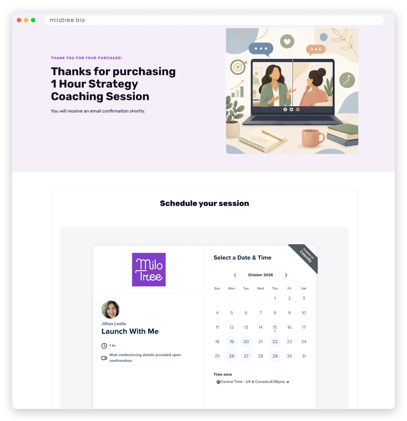 MiloTree thank-you page for a 1-hour strategy coaching session, shown in a browser window, with an embedded Calendly calendar to schedule the call